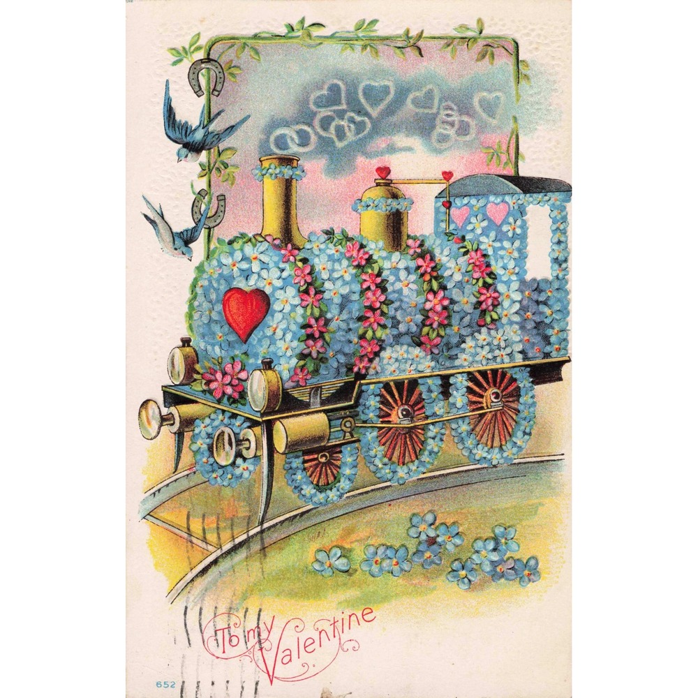 Valentine Postcard Embossed Floral Steam Engine Train Locomotive Bluebirds 1908